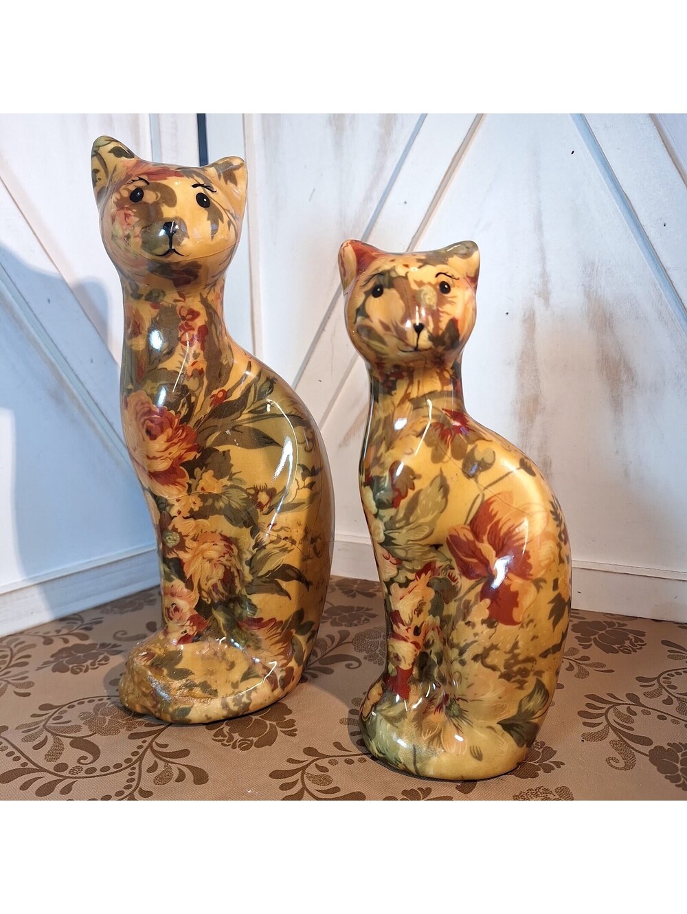 Pair of Vintage 80s Decoupage Floral Motif Kitty Cat Figurine Statues *READ*